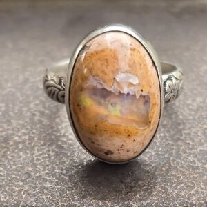 Artisan 925 sterling silver Mexican fire opal cantera opal floral band ring